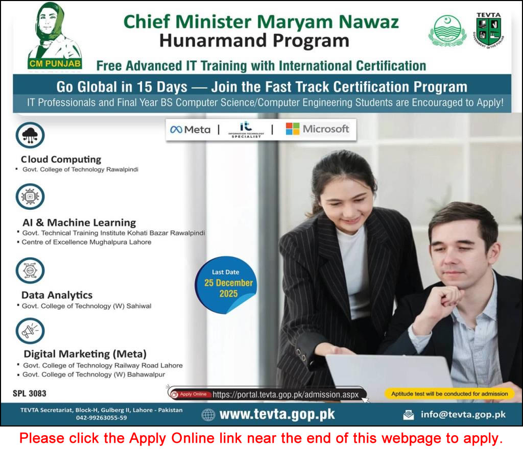 Chief Minister Punjab Hunarmand Program December 2025 Apply Online TEVTA Free IT Training Latest