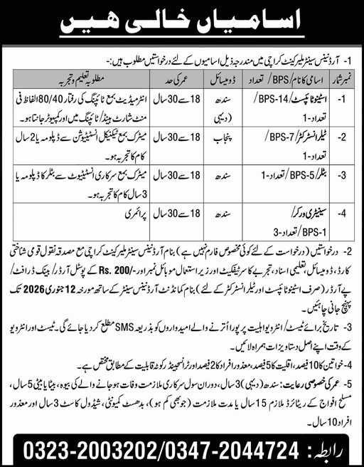 Ordnance Center Malir Cantt Karachi Jobs December 2025 / 2026 Stenotypist, Sanitary Workers & Others Pakistan Army Latest