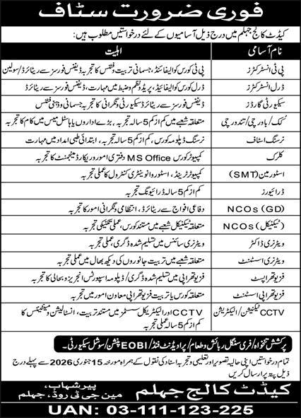 Cadet College Jhelum Jobs 2026 PT / Drill Instructors, Security Guards, Drivers & Others Latest