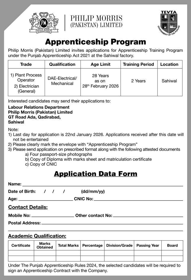 Philip Morris Pakistan Apprenticeship Program 2026 at Sahiwal Factory Latest