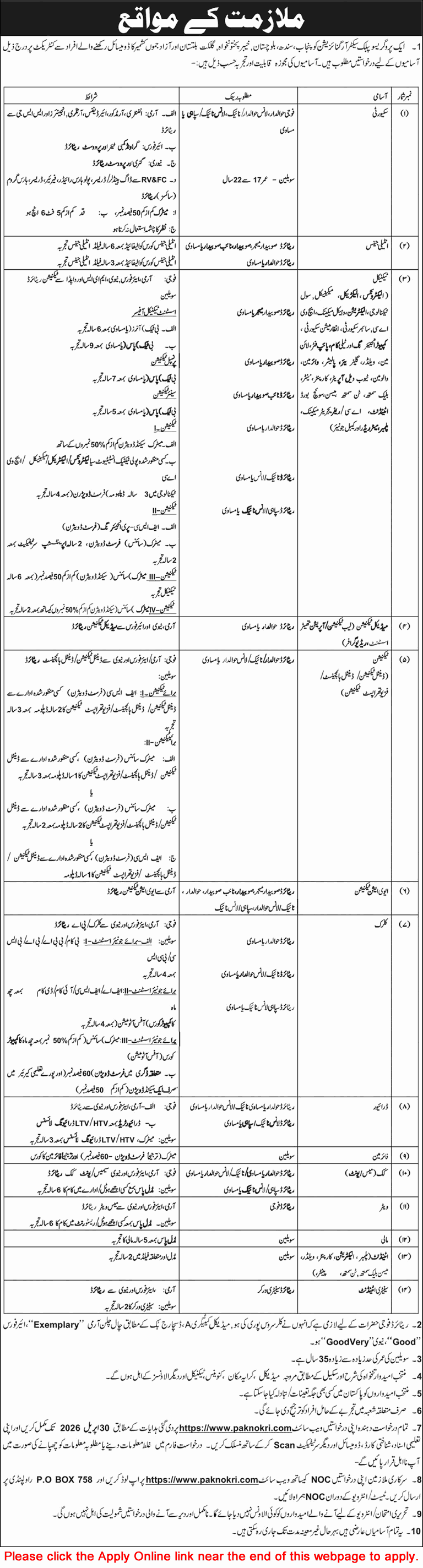 PO Box 758 Rawalpindi Jobs 2026 Apply Online Technicians & Others Progressive Public Sector Organization Latest