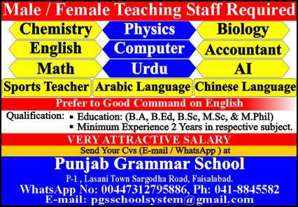 Teaching Jobs in Punjab Grammar School Faisalabad 2026 Latest