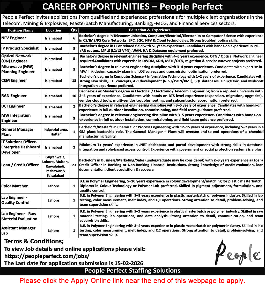 People Perfect Pakistan Jobs 2026 February Apply Online Loan / Credit Officers, RAN / CEM Engineers & Others Latest