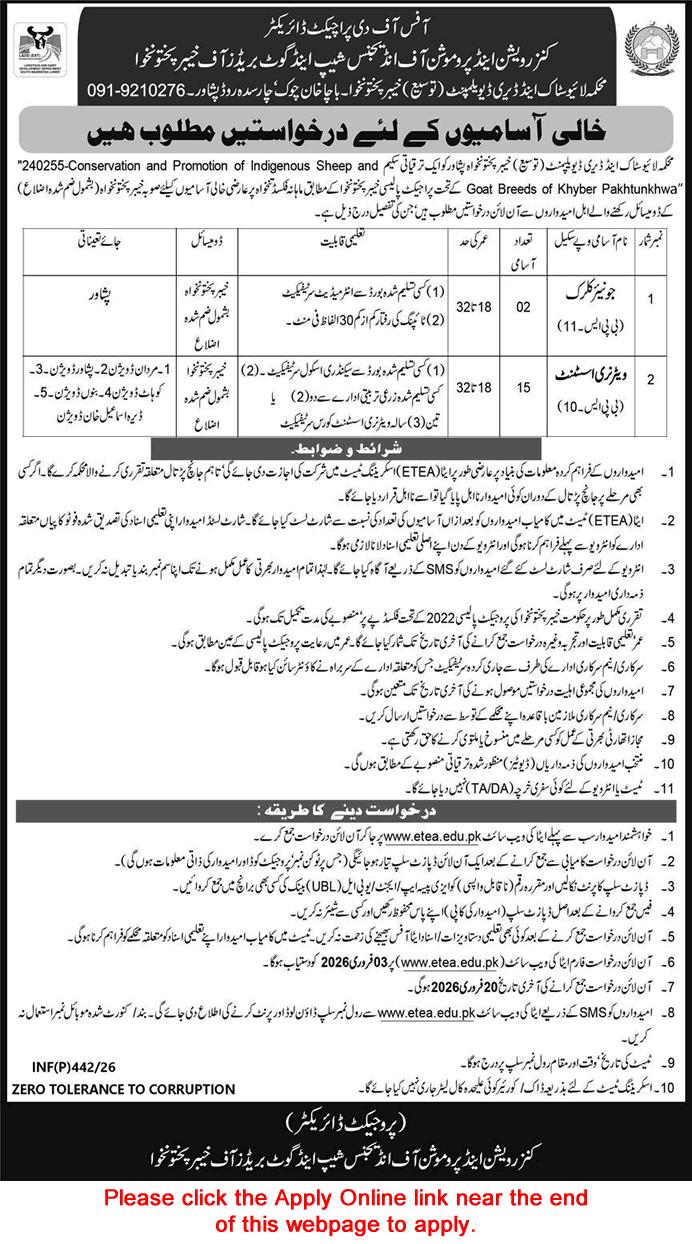Livestock and Dairy Development Department KPK Jobs 2026 February ETEA Apply Online Veterinary Assistants & Clerks Latest