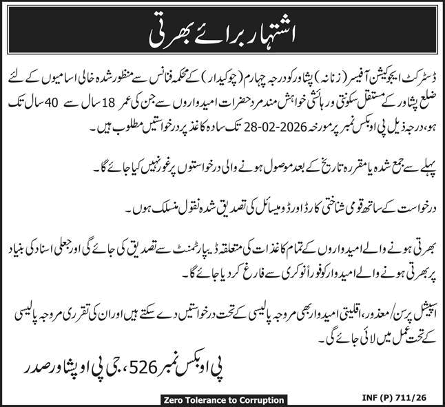 Chowkidar Jobs in Education Department Peshawar 2026 February Latest