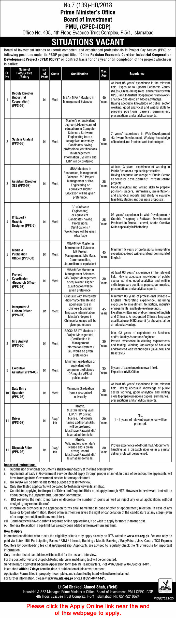 Board of Investment Islamabad Jobs 2026 March NTS Apply Online Prime Minister's Office Latest