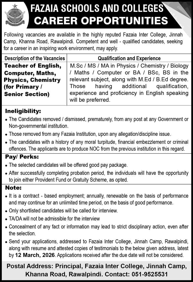 Teaching Jobs in Fazaia Inter College Rawalpindi 2026 March Jinnah Campus Latest