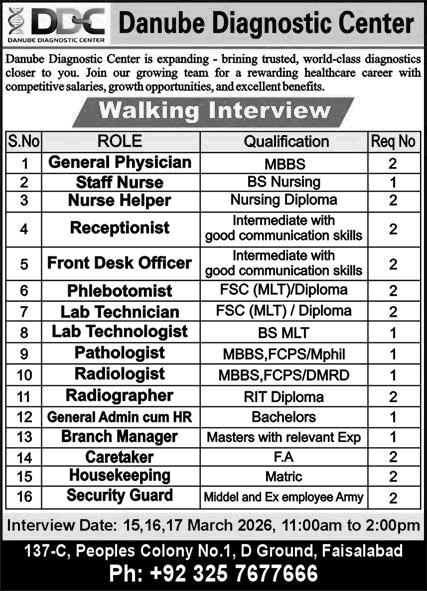 Danube Diagnostic Center Faisalabad Jobs 2026 March Nurses, Medical Technicians & Others Walk in Interview Latest