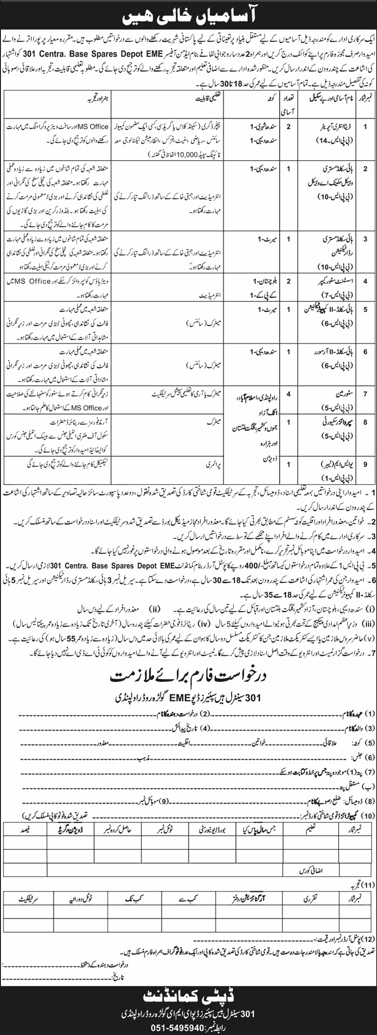 301 Central Base Spares Depot EME Rawalpindi Jobs 2026 March Storeman, Data Entry Operators & Others Pakistan Army Latest