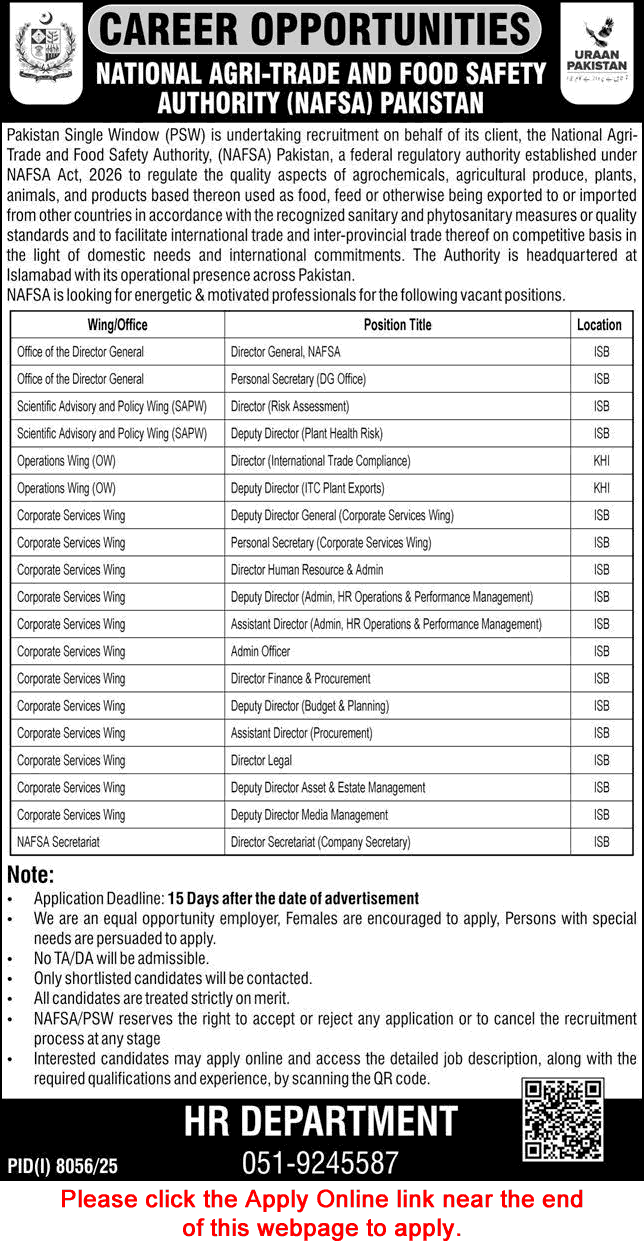 National Agri Trade and Food Safety Authority Islamabad Jobs 2026 April Apply Online NAFSA PSW Latest