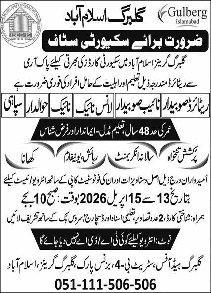 Security Guard Jobs in Gulberg Islamabad 2026 April Ex / Retired Army Personnel Latest