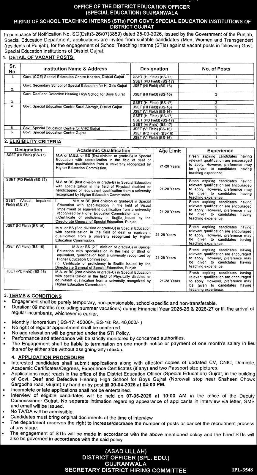 School Teaching Intern Jobs in Special Education Department Gujrat 2026 April STIs SSET & JSET Latest