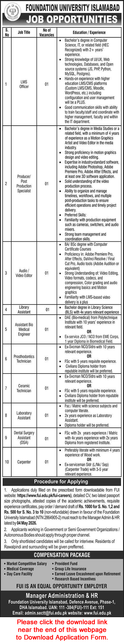 Foundation University Islamabad Jobs April 2026 Application Form Lab / Library Assistants & Others Latest