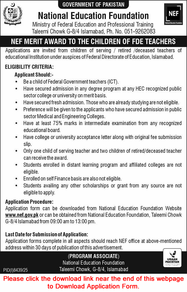 National Education Foundation Scholarships 2026 April Application Form FG Teachers Children Latest