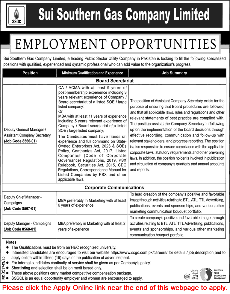 SSGC Jobs June 2026 Apply Online Sui Southern Gas Company Limited Latest