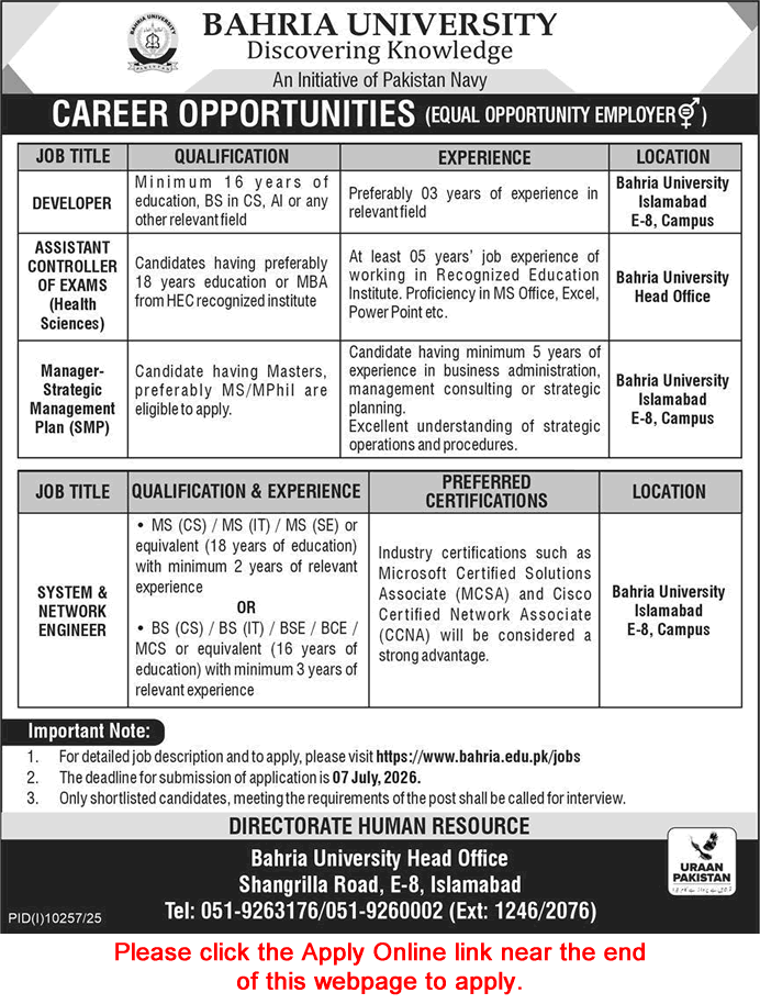 Bahria University Islamabad Jobs 2026 June Apply Online Software Developer & Others Latest