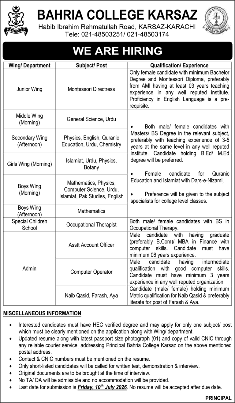 Bahria College Karsaz Karachi Jobs June 2026 Teaching Faculty & Others Pakistan Navy Latest