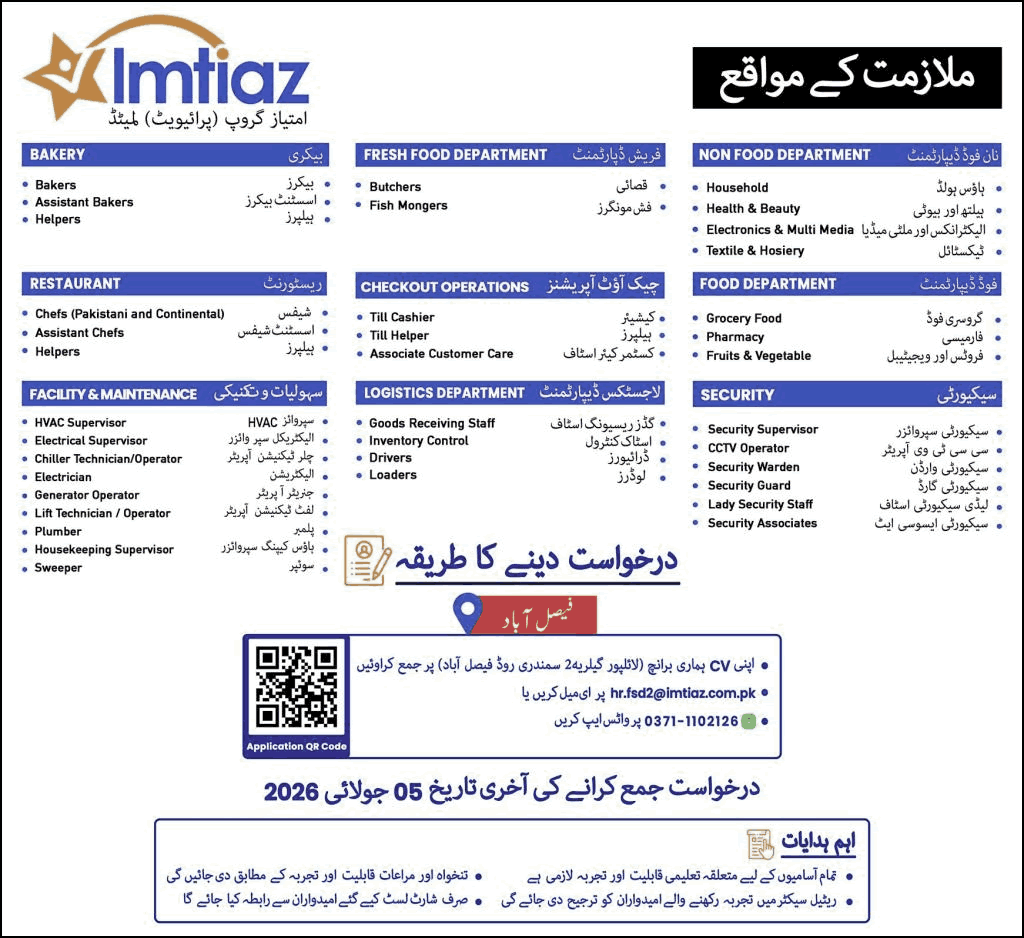 Imtiaz Supermarket Faisalabad Jobs June 2026 Bakers, Chefs, Cashiers, Drivers & Others Latest