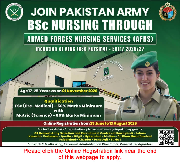 Join Pakistan Army as Nurse in AFNS June 2026 July Online Registration Armed Forces Nursing Services Latest