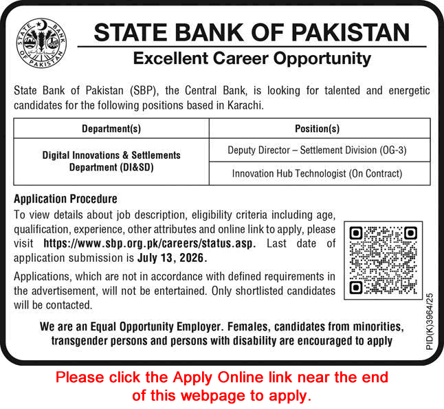 State Bank of Pakistan Jobs June 2026 July Apply Online Deputy Director & Innovation Hub Technologist SBP Latest