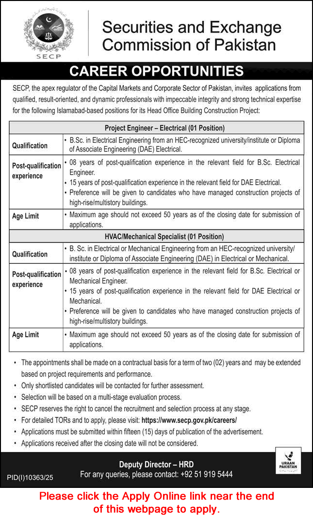 SECP Islamabad Jobs June 2026 July Apply Online Electrical Engineer & HVAC / Mechanical Specialist Latest
