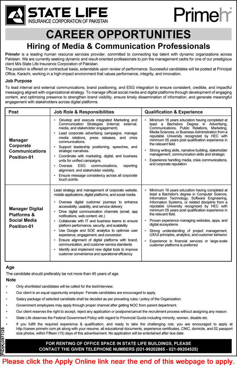 Manager Jobs in State Life Insurance Corporation of Pakistan June 2026 July Apply Online SLIC Latest