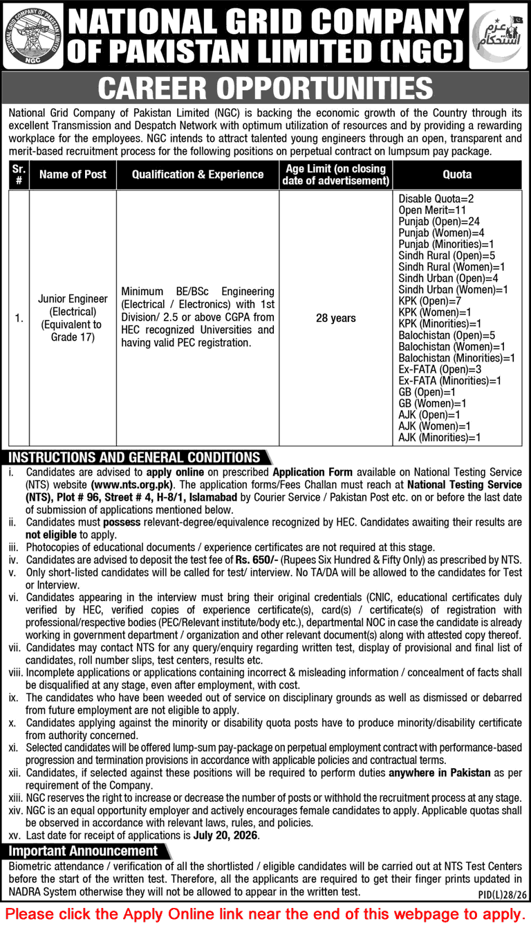 Electrical Engineer Jobs in National Grid Company of Pakistan July 2026 NTS Apply Online NGC NTDC Latest