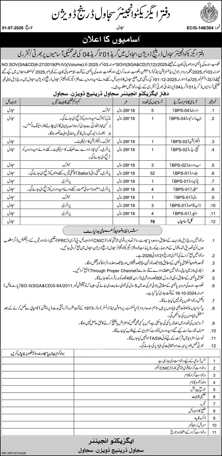 Sujawal Drainage Division Jobs 2026 July Baildar, Sweepers, Naib Qasid & Others Irrigation Department Latest