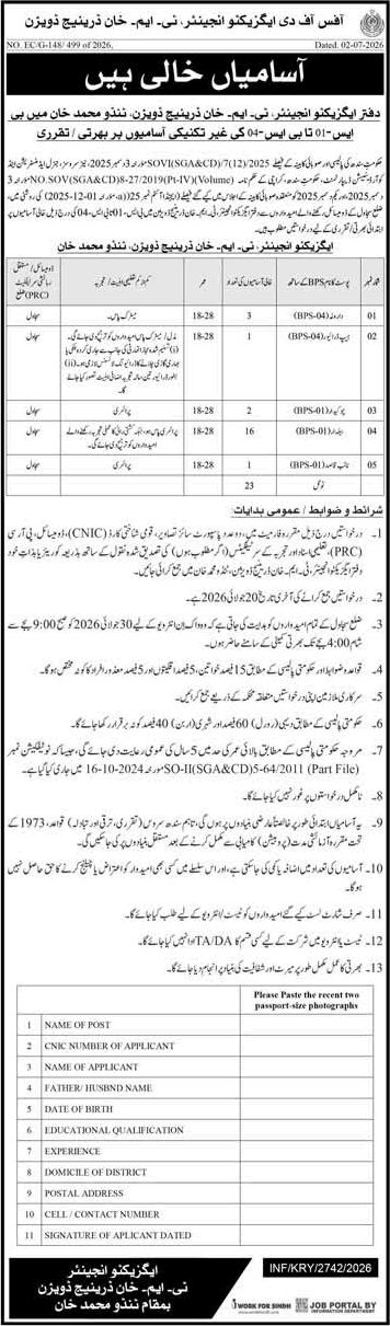 Tando Muhammad Khan Drainage Division Jobs 2026 July Baildar, Darogha & Others Irrigation Department Latest