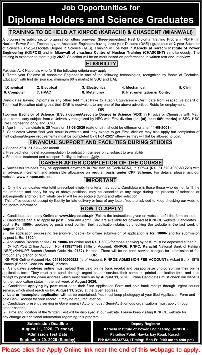 KINPOE & CHASCENT PDTP 2026 July DAE Diploma Holders & Science Graduates Jobs in PAEC Online Apply Latest