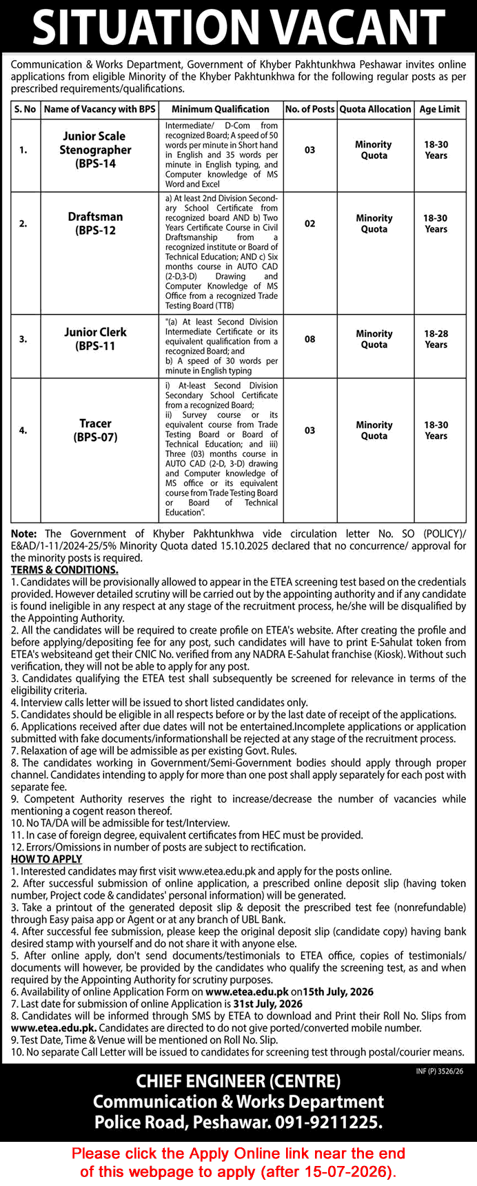 Communication and Works Department KPK Jobs July 2026 Apply Online Clerks, Stenographers & Others Minority Quota Latest