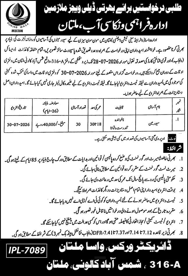 Sewerman Jobs in WASA Multan July 2026 Water and Sanitation Agency Latest