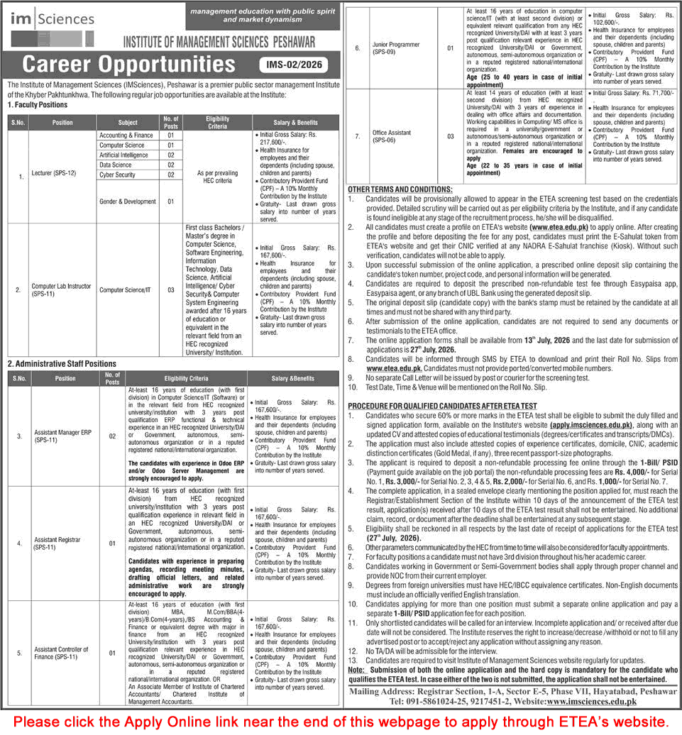 Institute of Management Sciences Peshawar Jobs 2026 July ETEA Apply Online Lectures, Office Assistants & Others Latest