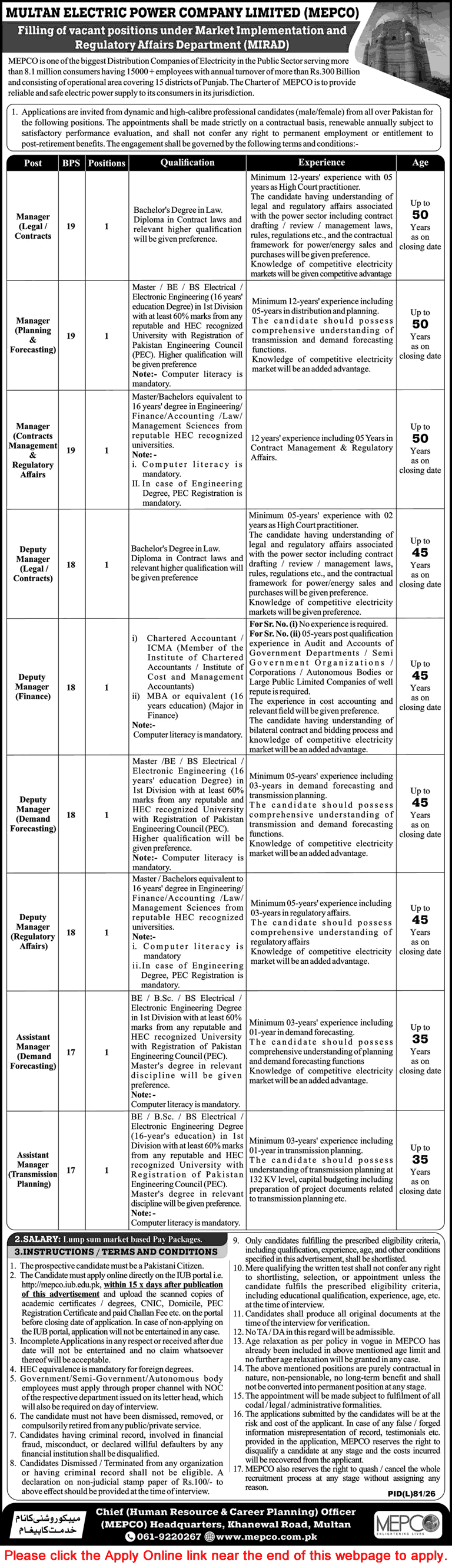 MEPCO Jobs July 2026 Apply Online WAPDA Assistant / Deputy Managers Multan Electric Power Company Latest