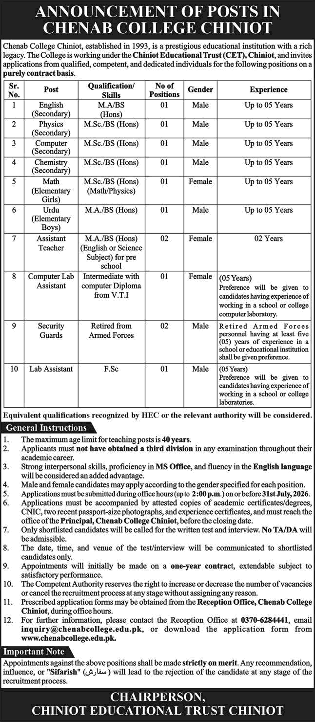 Chenab College Chiniot Jobs 2026 July Teachers, Security Guards & Lab Assistants Latest