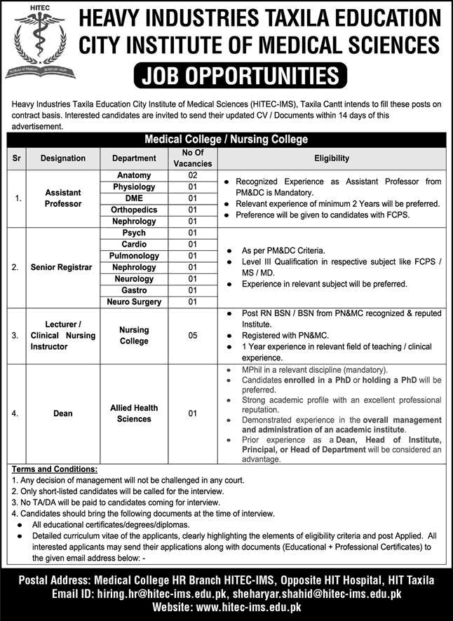 HITEC Institute of Medical Sciences Taxila Jobs 2026 July Teaching Faculty Latest