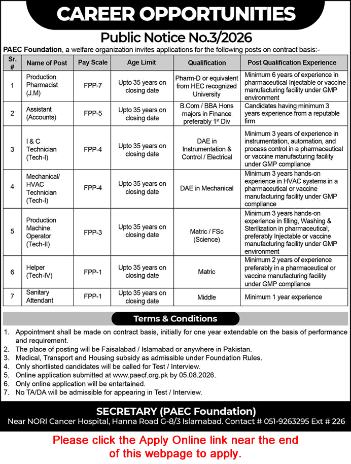 PAEC Foundation Islamabad Jobs 2026 July Apply Online Accounts Assistant, Technicians & Others Latest