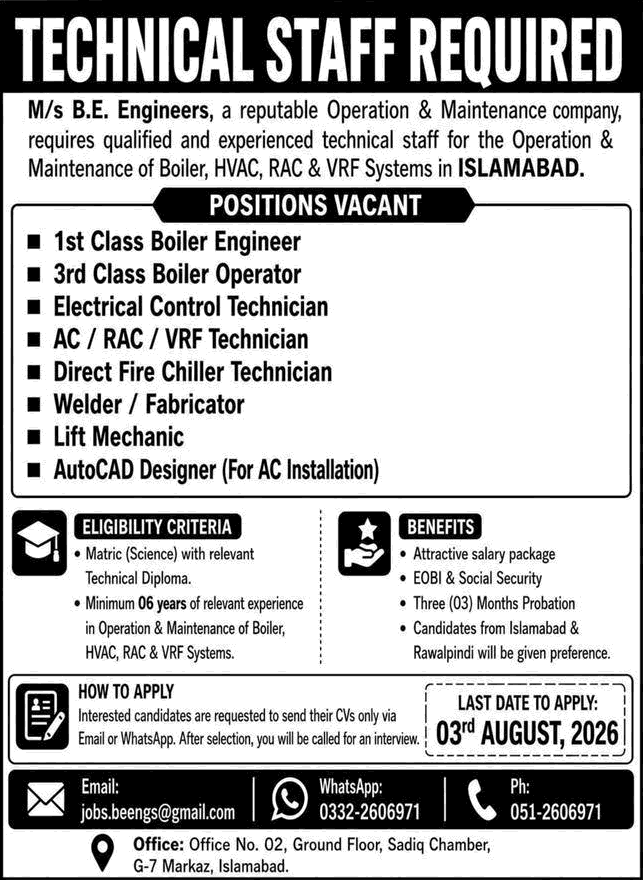 BE Engineers Islamabad Jobs 2026 July / August Boiler Engineer / Operator, Welder, Lift Mechanic & Others Latest