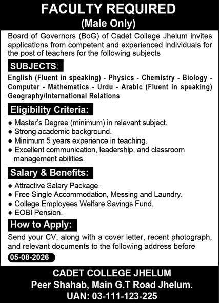 Teaching Faculty Jobs in Cadet College Jhelum July 2026 August Latest