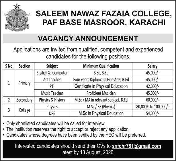 Saleem Nawaz Fazaia College Karachi Jobs 2026 August Teaching Faculty PAF Base Masroor Latest