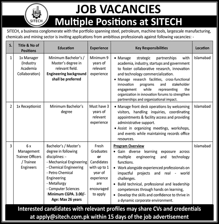 SITECH Islamabad Jobs 2026 August Management Trainee Officers / Trainee Engineers & Others Latest