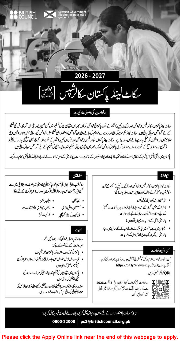 Scotland Pakistan Scholarships 2026-2027 Online Application Form British Council Latest