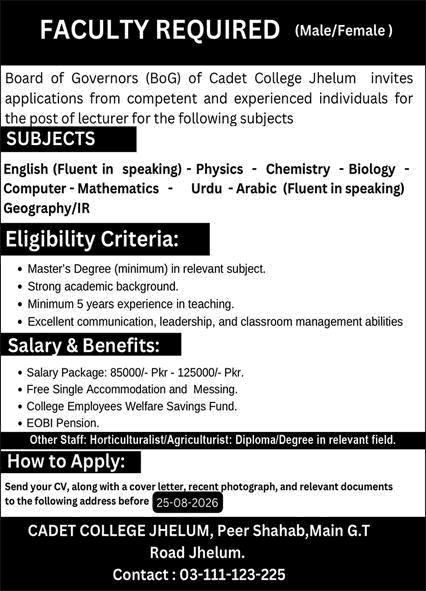 Teaching Faculty Jobs in Cadet College Jhelum August 2026 Latest