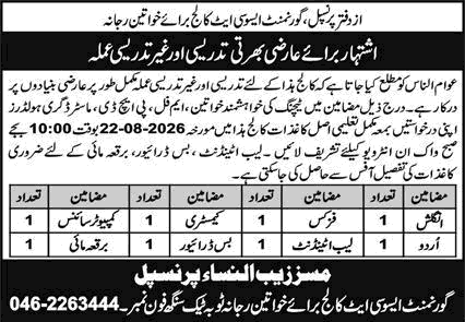 Government Associate College for Women Rajana Toba Tek Singh Jobs 2026 August Female Teachers & Others Latest