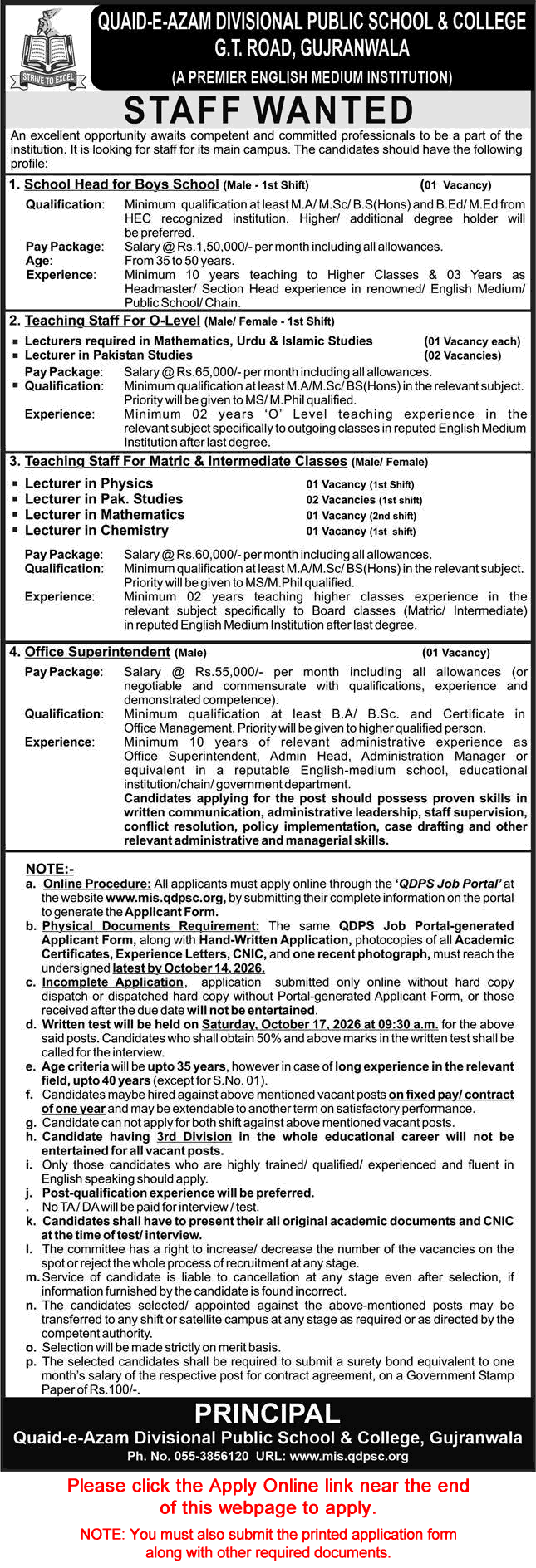 Quaid e Azam Divisional Public School and College Gujranwala Jobs October 2026 Apply Online Teachers & Others Latest
