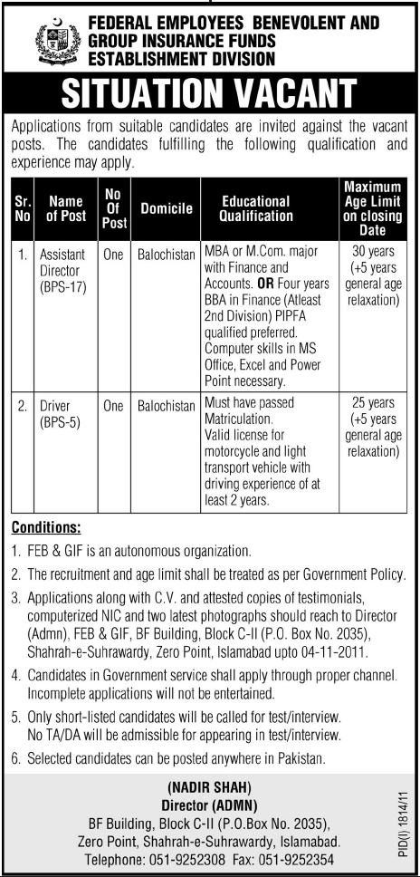 Assistant Director and Driver Required by Federal Employees Benevolent and Group Insurance Funds Establishment Division