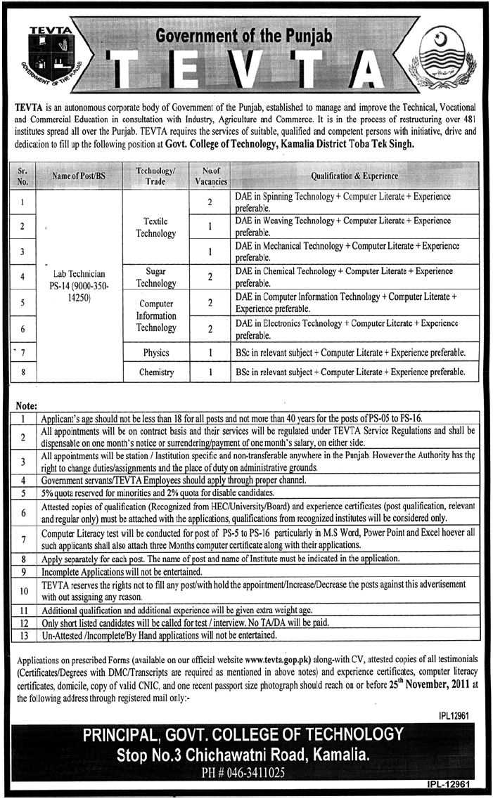 TEVTA Required Lab Technicians