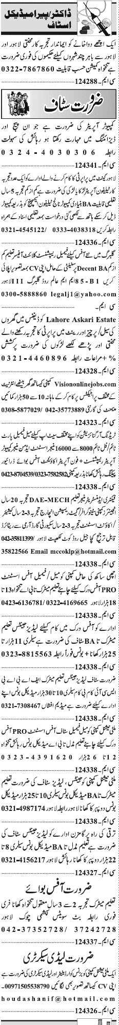 Misc. Jobs in Lahore Jang Classified 2
