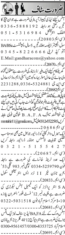 Misc. Jobs in Rawalpindi Jang Classified