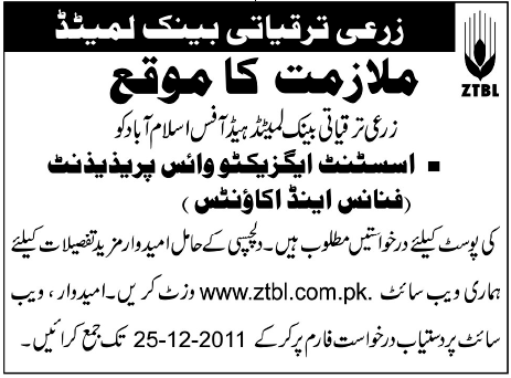 ZTBL Required the Services of Assistant Executive Vice President